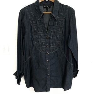 Gretty Zueger Embroidered Tunic Size XL Button Down Blue